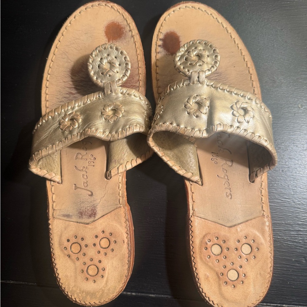 Jack Rogers Gold Leather Thong Sandals with Floral Medallions